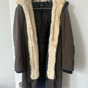 Theory Brown Coat with Cream Fur Trim
